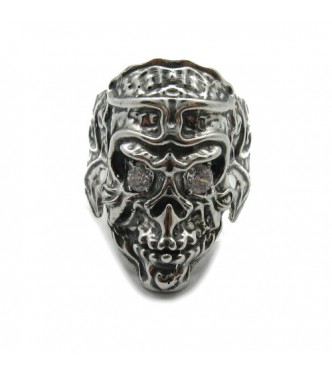 R001820 Genuine Sterling Silver Biker Ring Solid 925 Large Skull With Cubic Zirconia